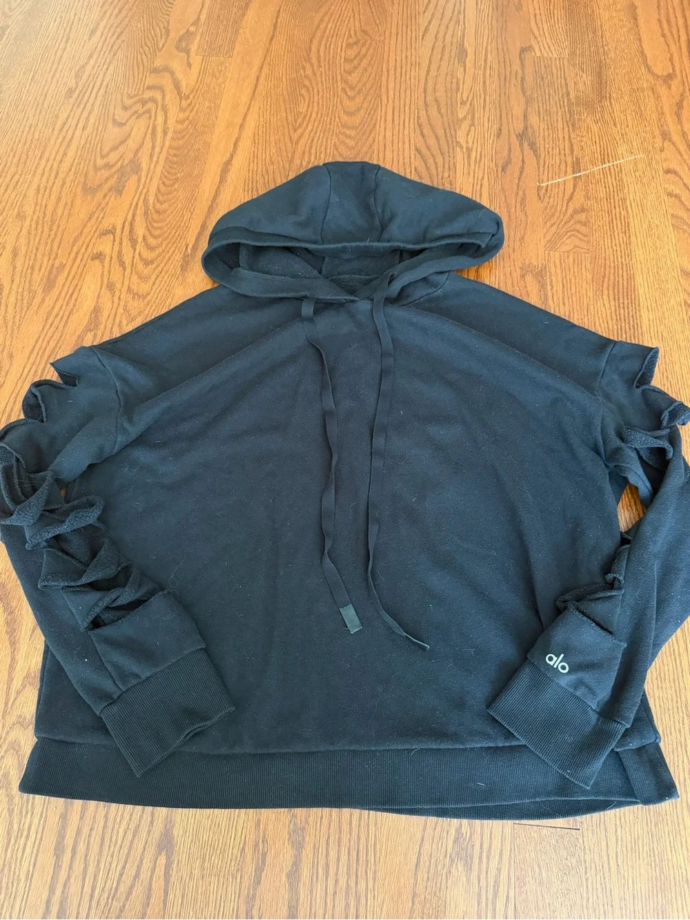 Alo Yoga Black Hooded Sweatshirt with Cut Sleeves Detail Size M